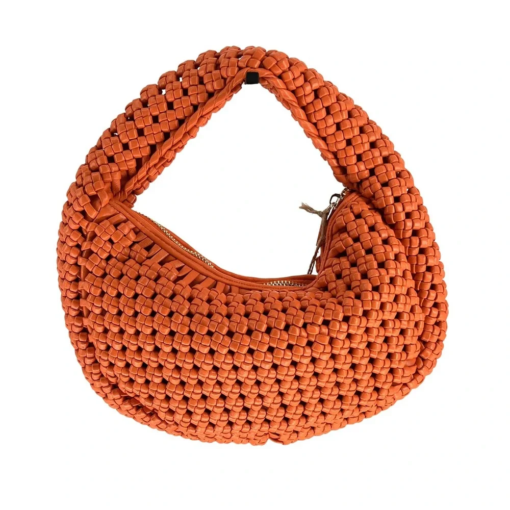 Sincerely Jules Orange Woven Crescent Hobo Shoulder Bag Vegan Leather NWT Resort - Picture 2 of 7